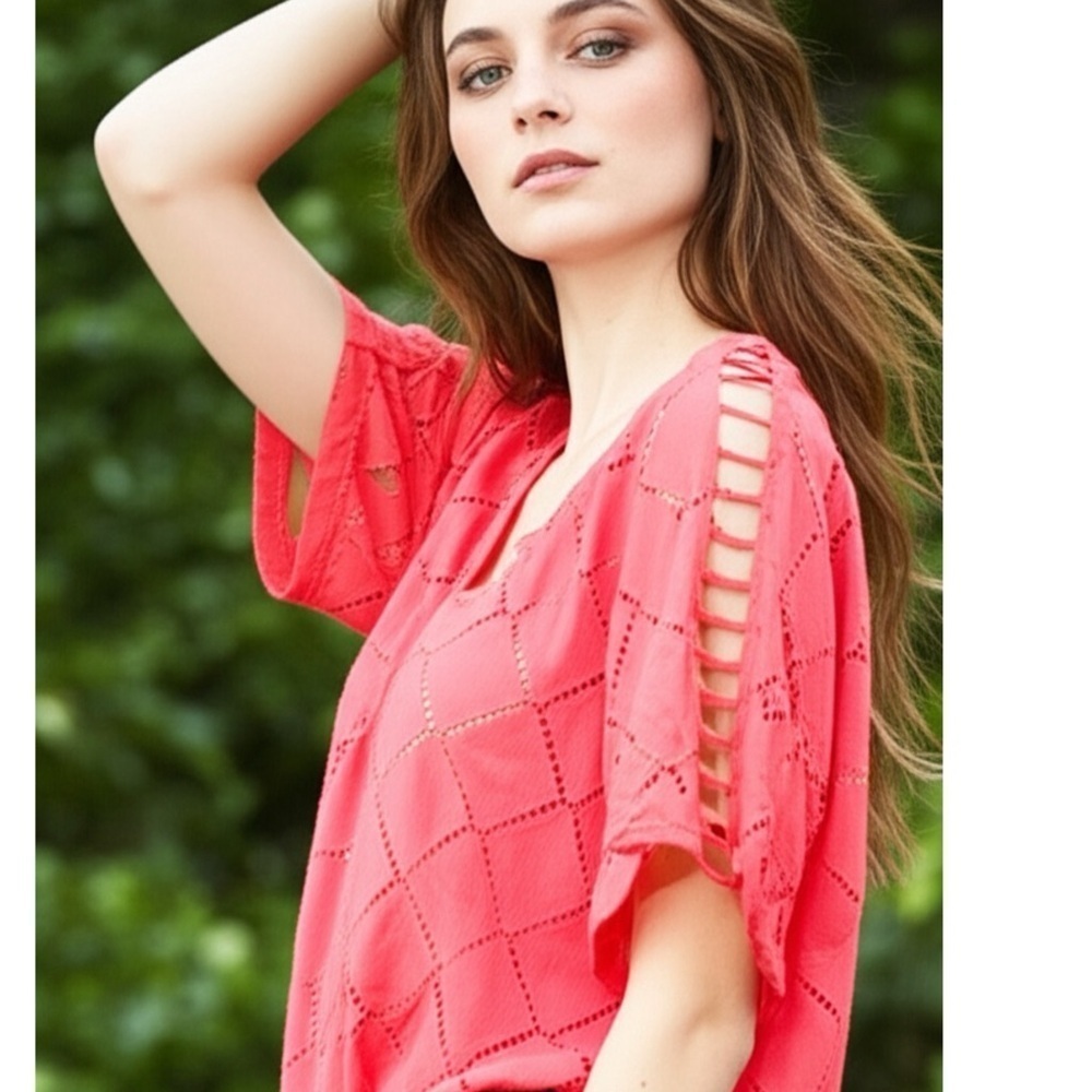 Madewell Women’s Coral Boho Blouse Eyelet Lattice Shoulder Top Boxy Sz XS/S